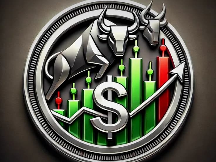 A silver coin engraved with a bull, a bear and a rising bar chart