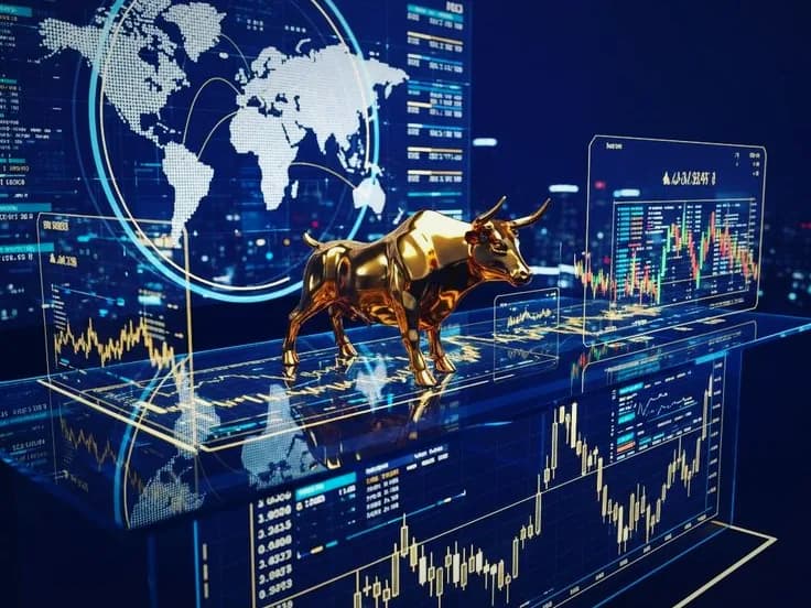 A gold bull standing on trading screens in front of a world map