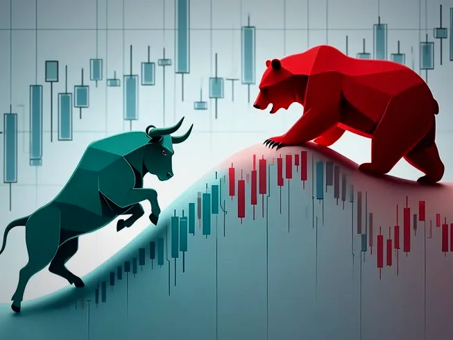 A green bull climbing a chart toward a red bear