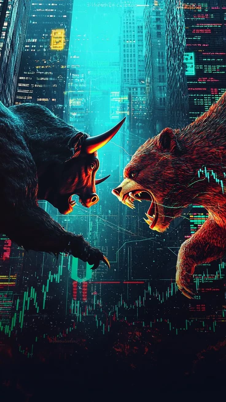 A bull and a bear facing off above a city of trading screens