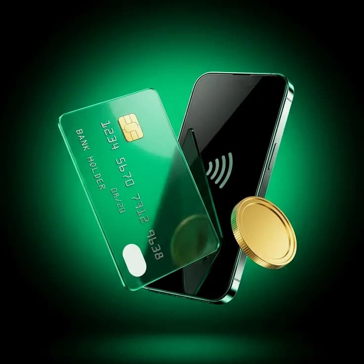 A bank card, a phone with contactless payment and a gold coin