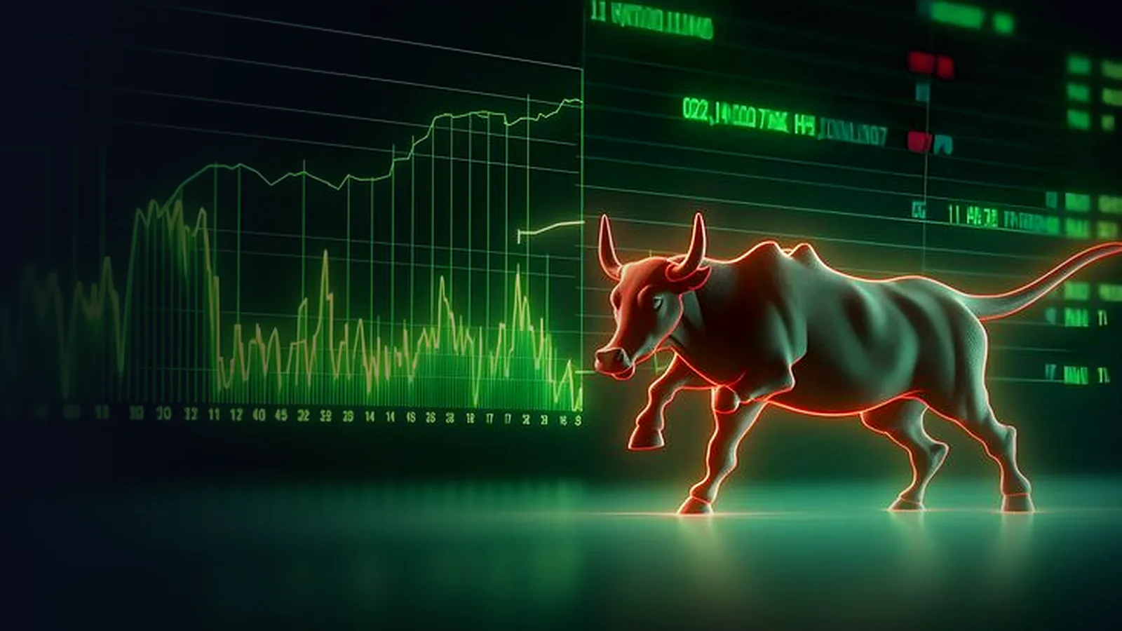 A bull outlined in red light walking past glowing green market charts